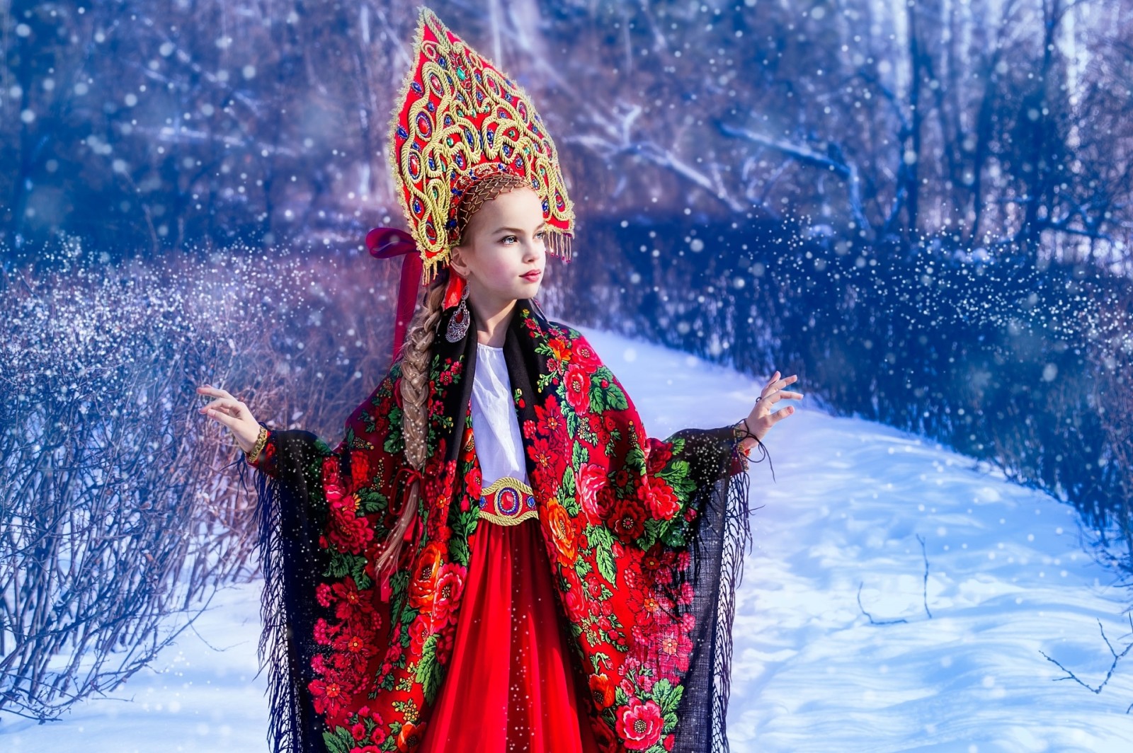 tuyết, con gái, mùa đông, khăn choàng, trang phục, kokoshnik, ethno