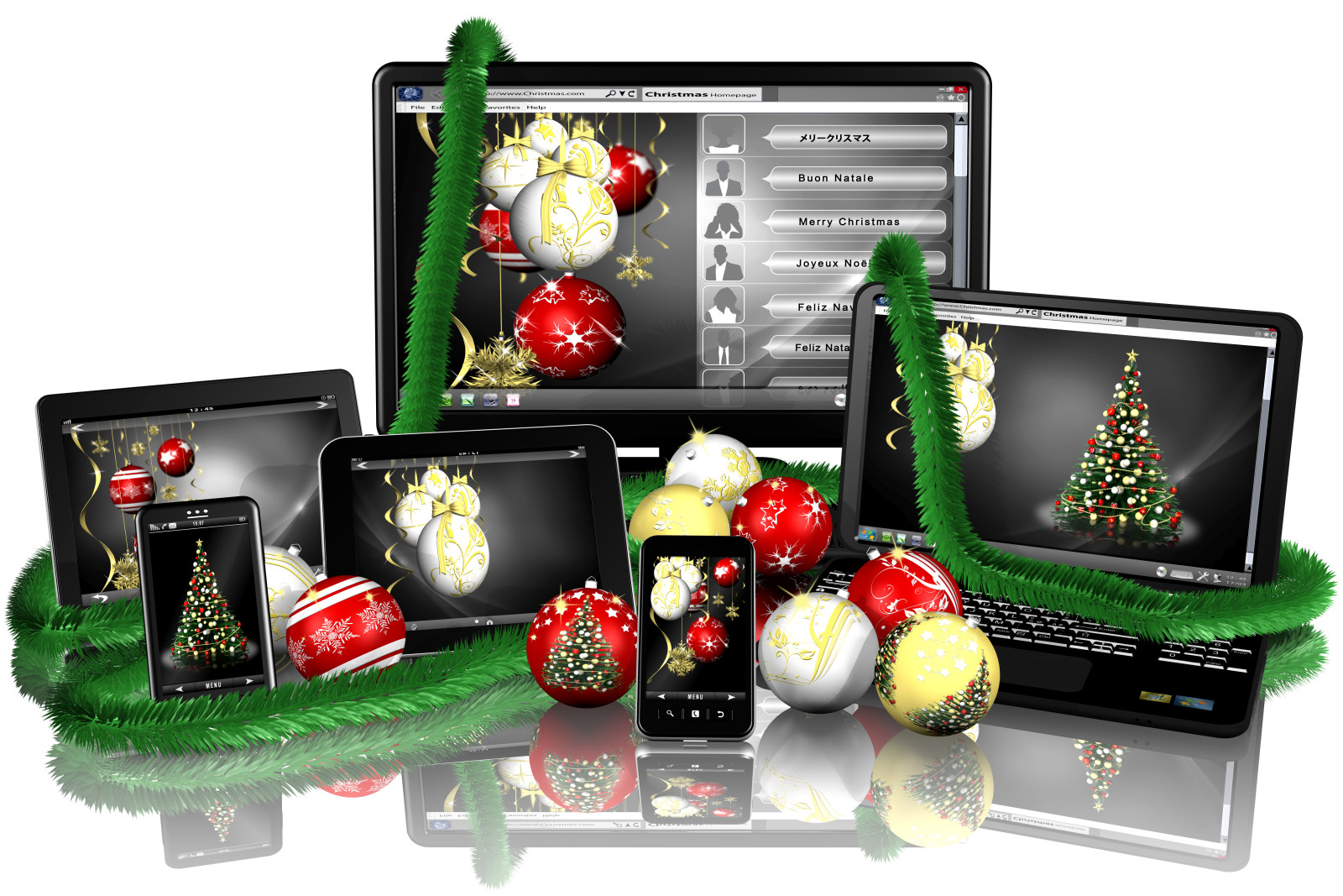 bola, Tahun baru, hari Natal, refleksi, liburan, laptop, layar, latar belakang putih