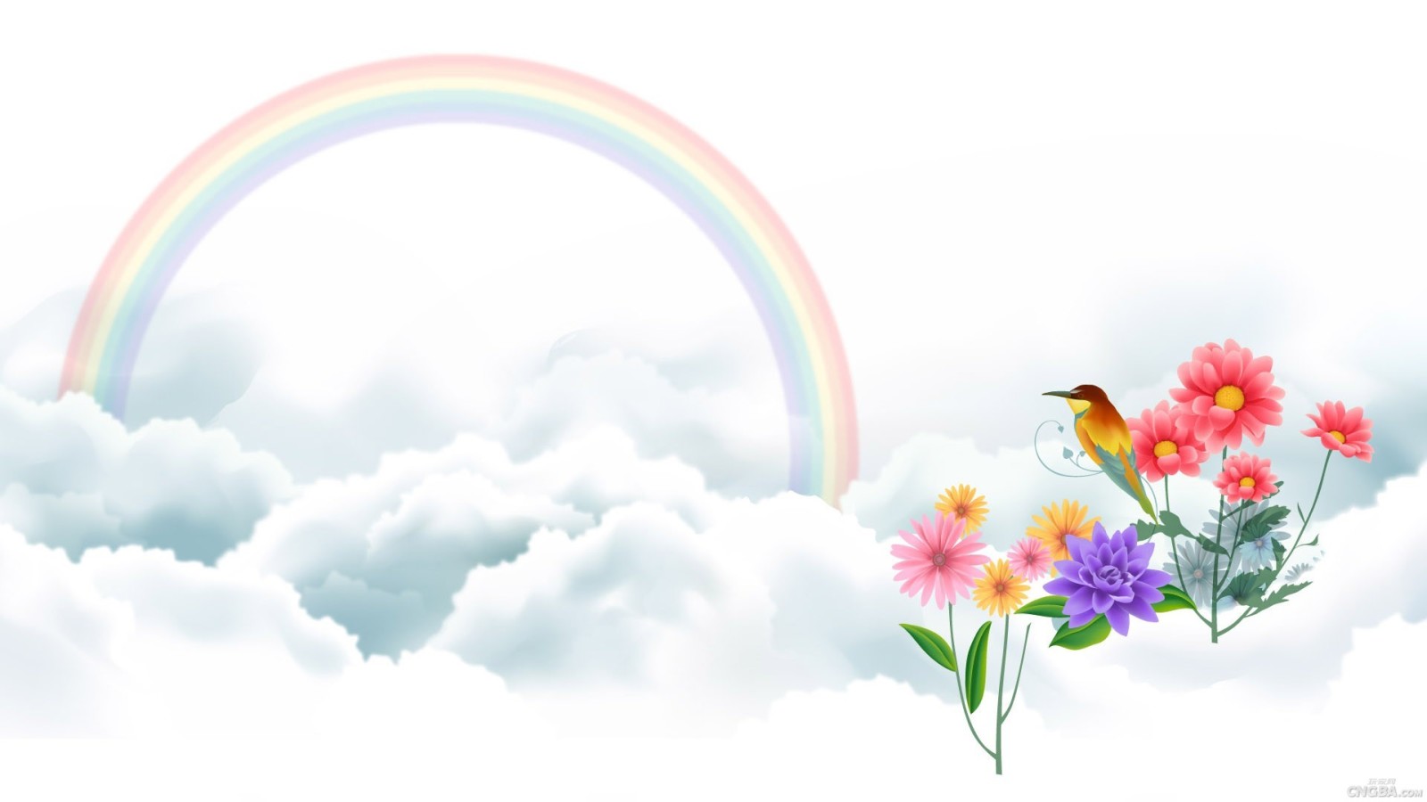 花卉, 艺术, 乌云, 鸟, 彩虹, 矢量绘图