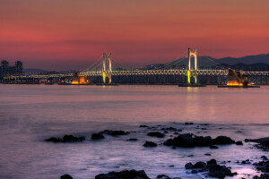 Teluk, Jembatan, rumah, lampu, gunung, malam, Korea Selatan, batu
