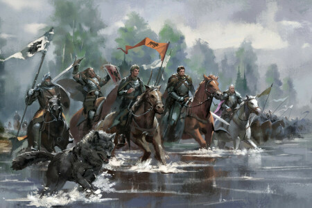 軍, バナー, 犬, 馬, キング, 騎士, 川