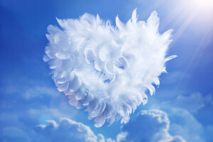 青い, 雲, 羽毛, 心臓, 太陽の光, 空, バレンタイン・デー, 白い