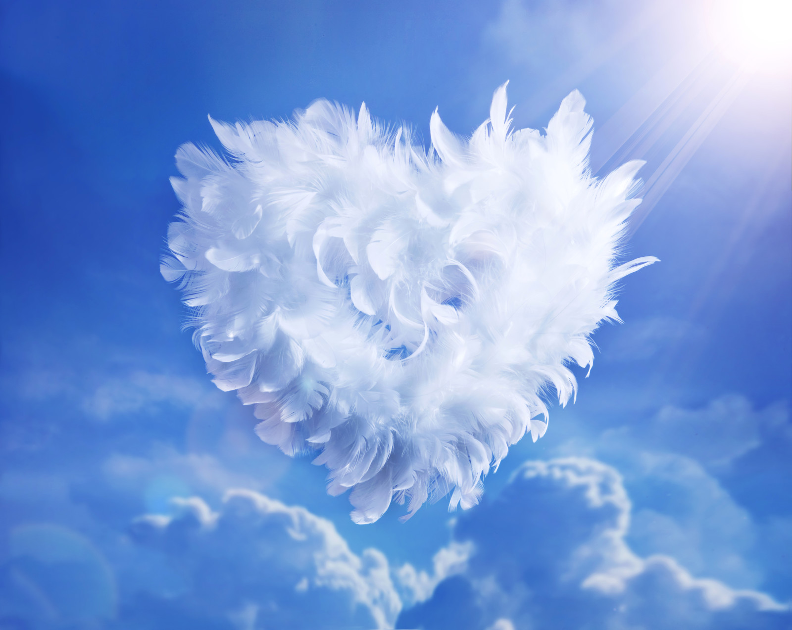 青い, 空, バレンタイン・デー, 雲, 心臓, 白い, 羽毛, 太陽の光