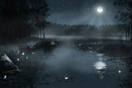 アート, 図, 霧, 森林, 湖, 風景, 自然, 夜