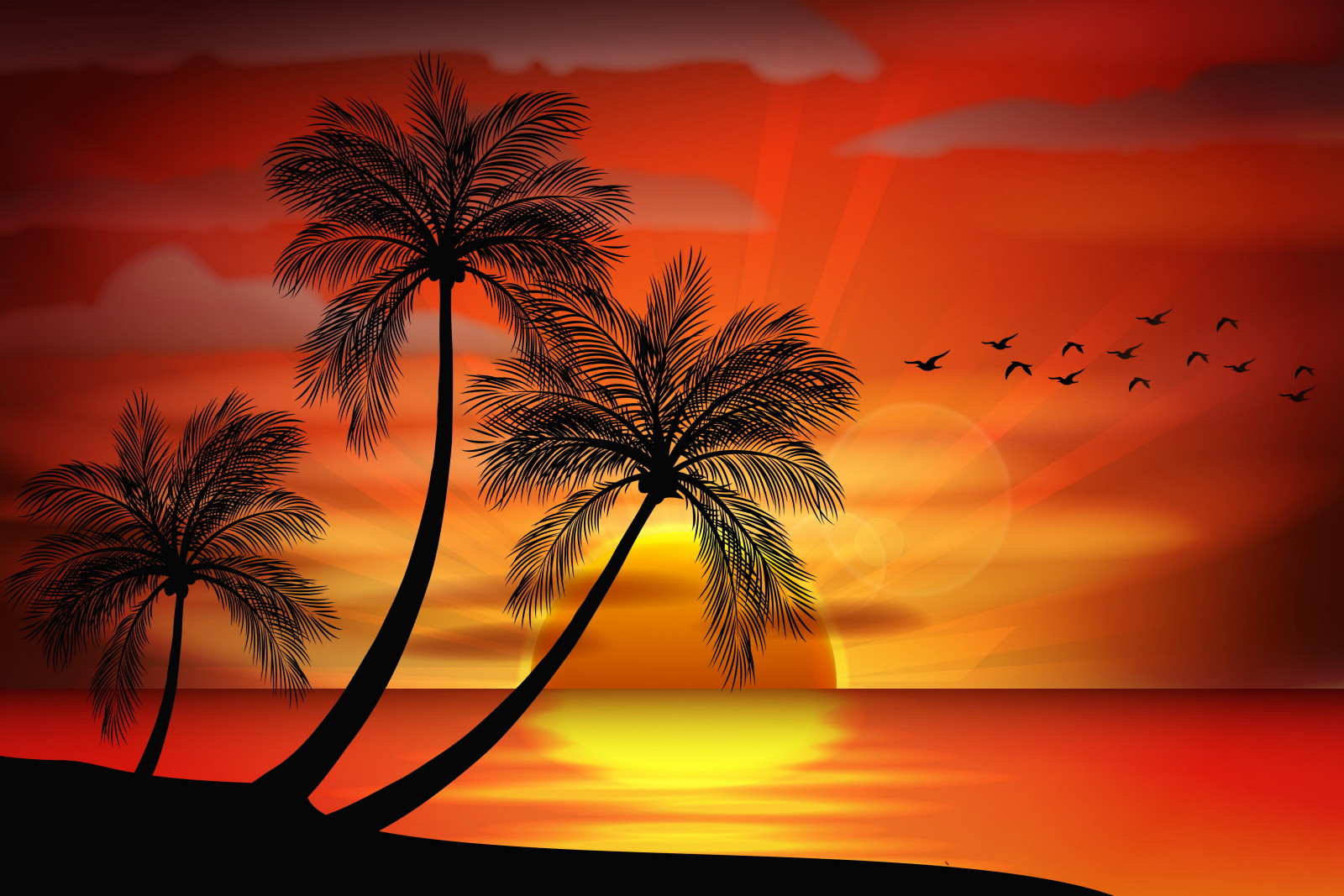 日落, 海, 岛, 棕榈树, 向量, 热带, 手掌, 天堂