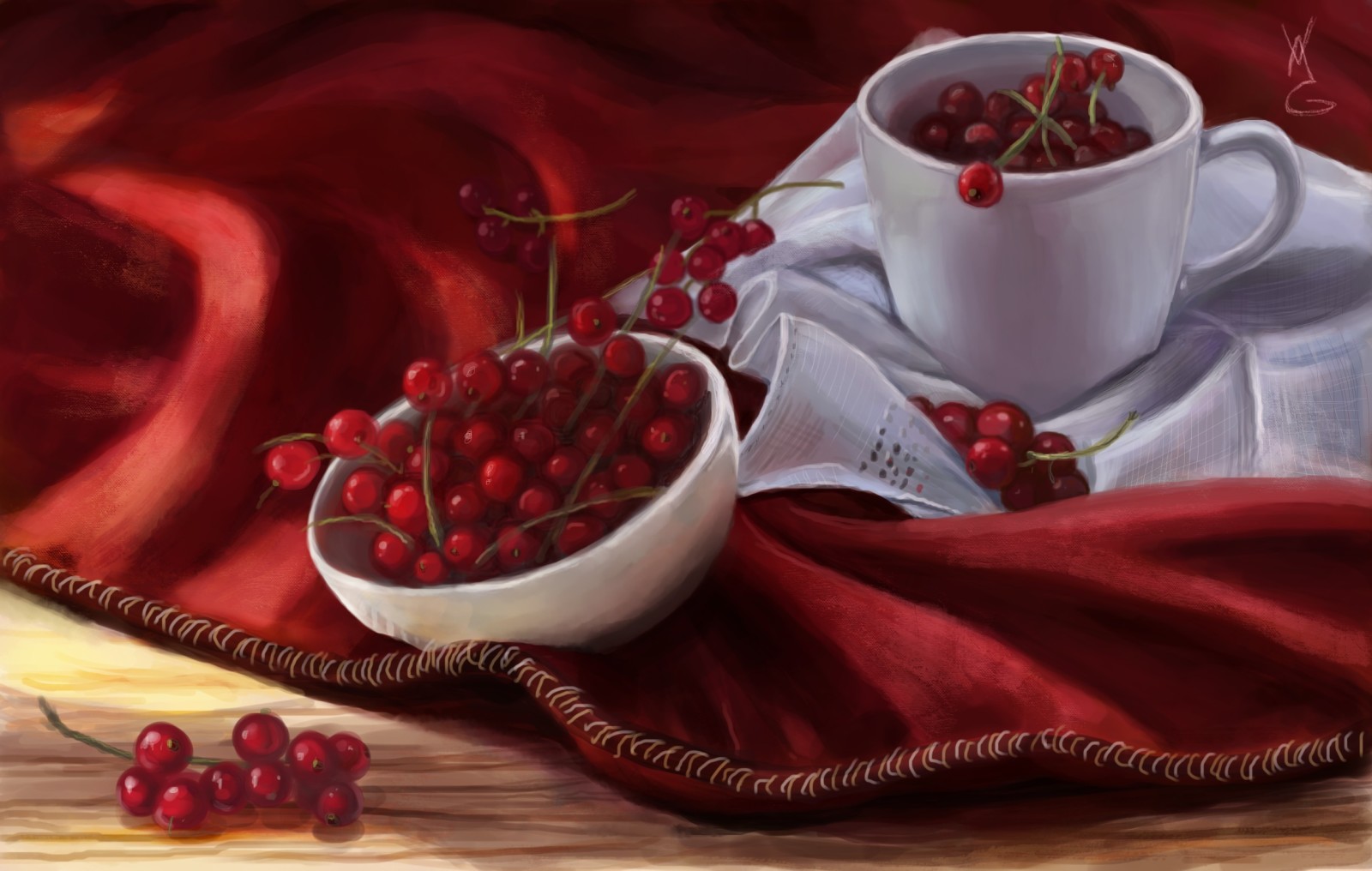杯, 红色, 艺术, 浆果, 餐巾, 碗, 黑加仑