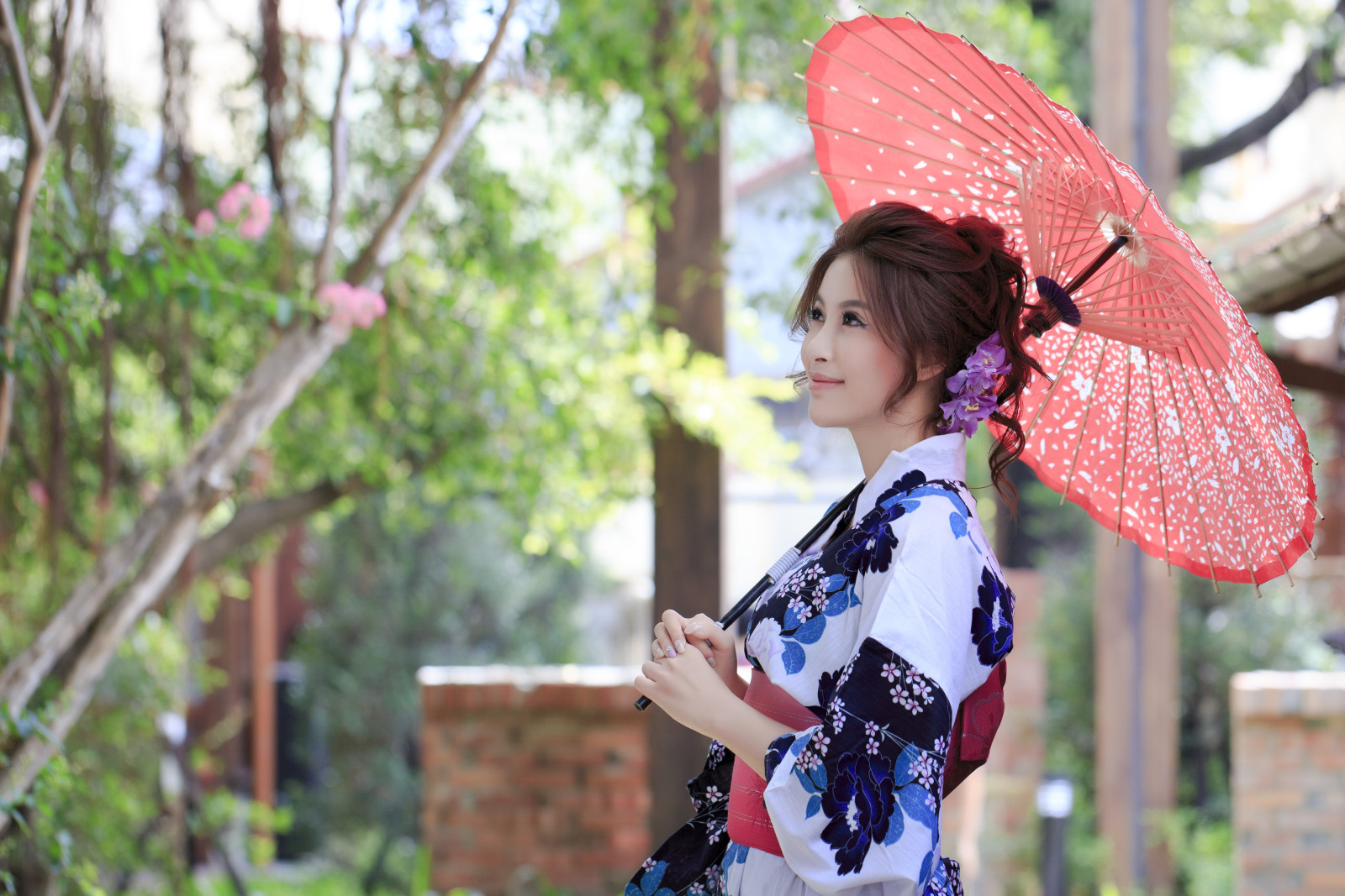여름, 소녀, 우산, 아시아 사람