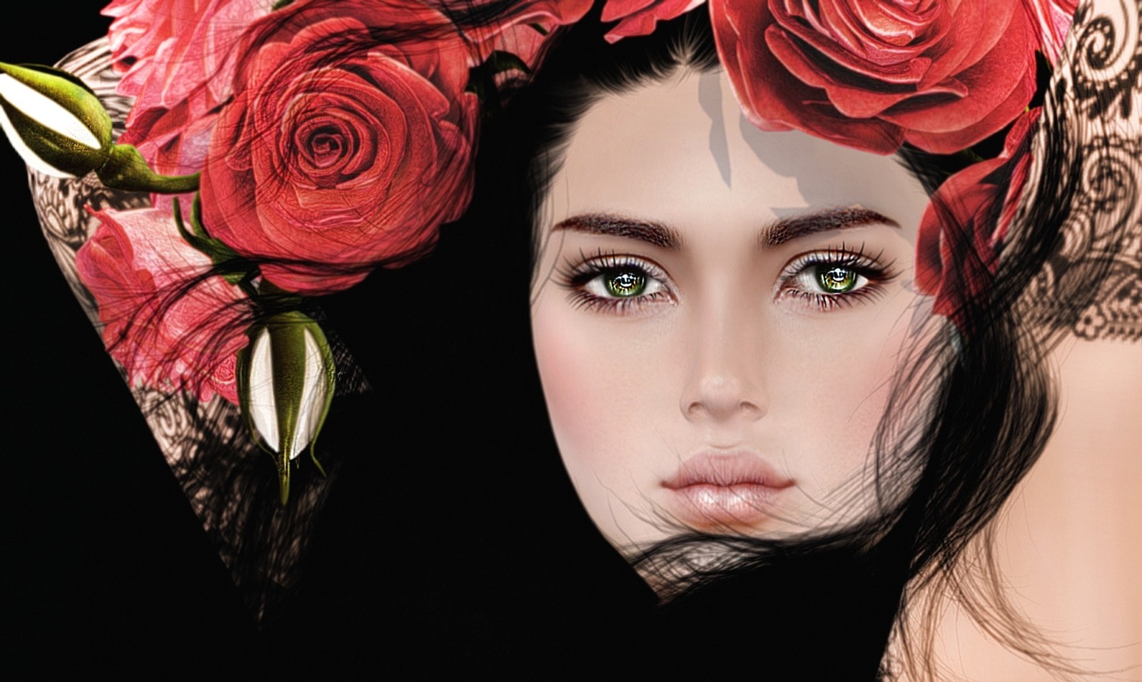 khuôn mặt, con gái, hoa hồng, brunette, đôi mắt, tóc, vòng hoa