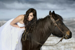 gaun, gadis, rambut, kuda