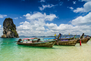thuyền, Krabi, đại dương, đá, mùa hè, nước Thái Lan