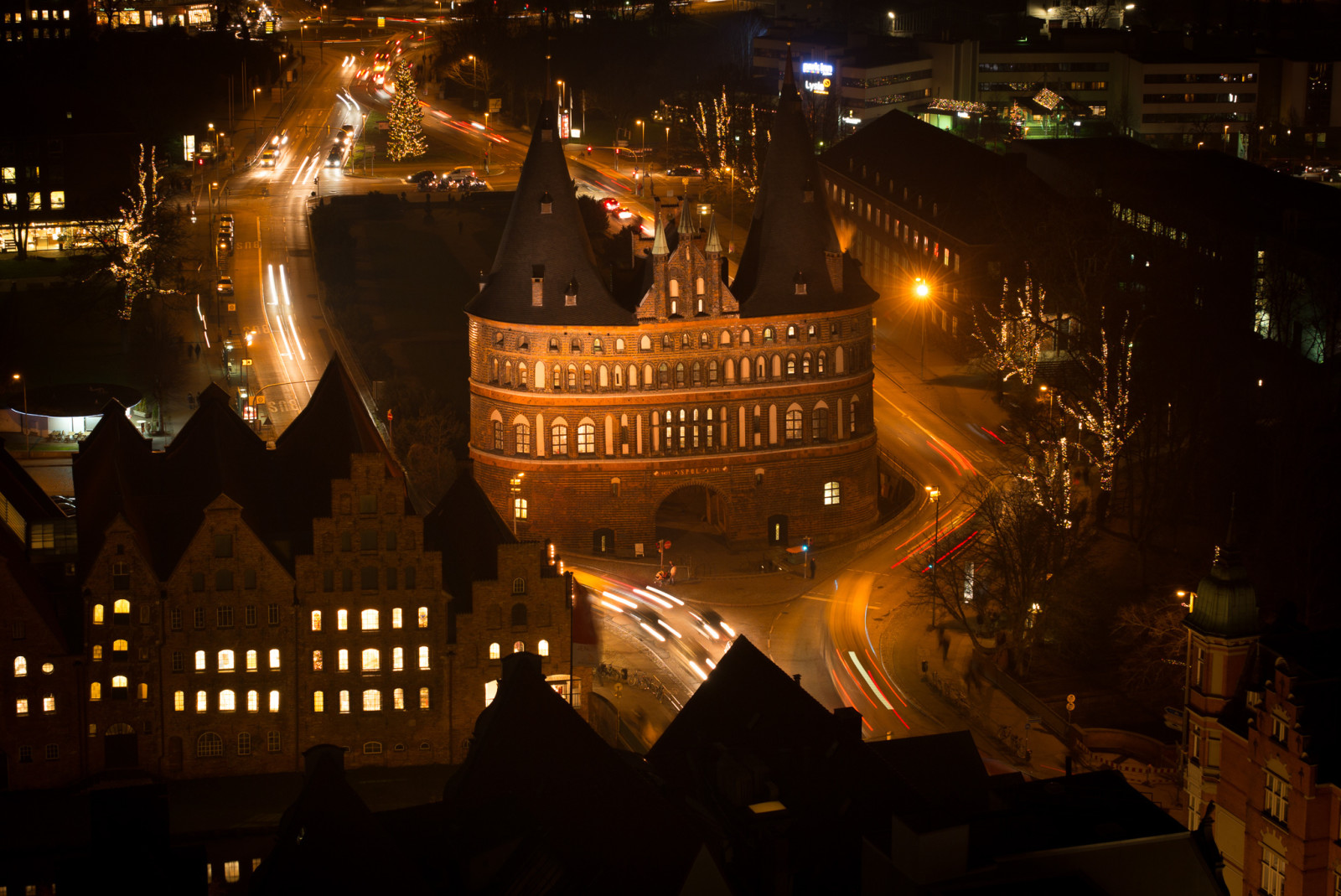 lampu, malam, rumah, Jerman, gerbang, menara, Lübeck
