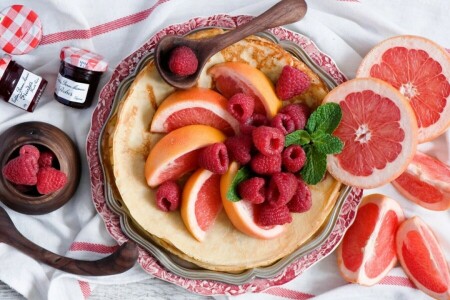 아침밥, 사육제, 그레이프 프루트, 잼, 팬케이크, 산딸기