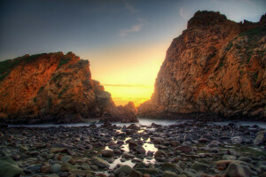 바닷가, 새벽, 자연, 바위, 모래, 돌, 바다