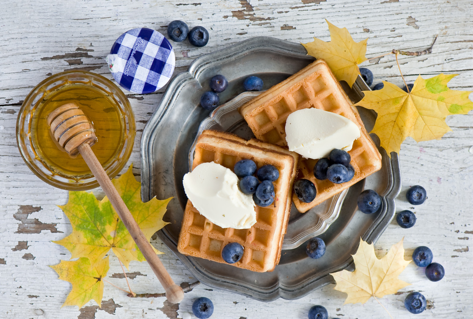 musim gugur, sarapan, Daun-daun, buah beri, bluberi, madu, es krim, wafel