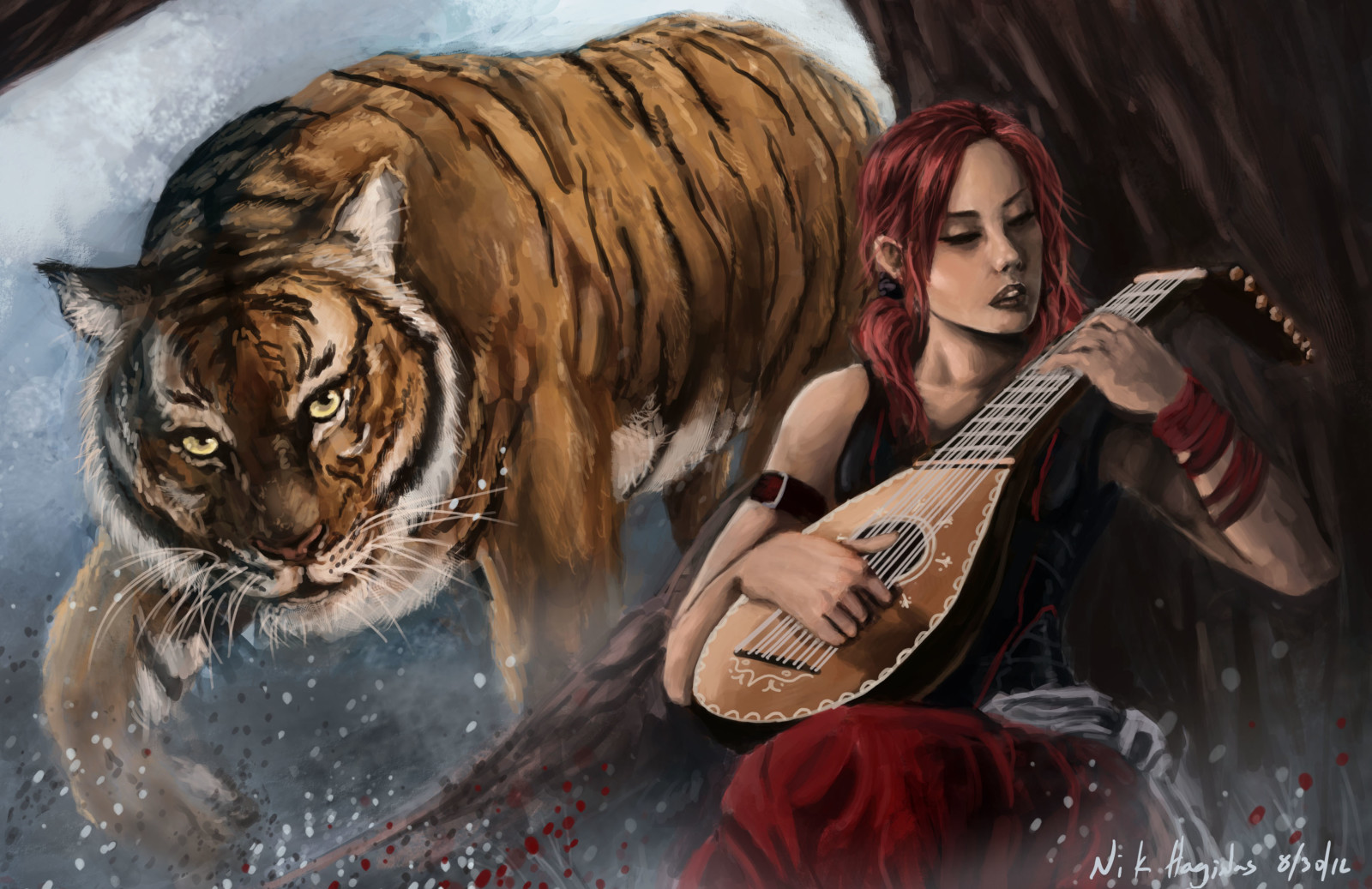 pohon, gadis, seni, predator, rambut merah, harimau
