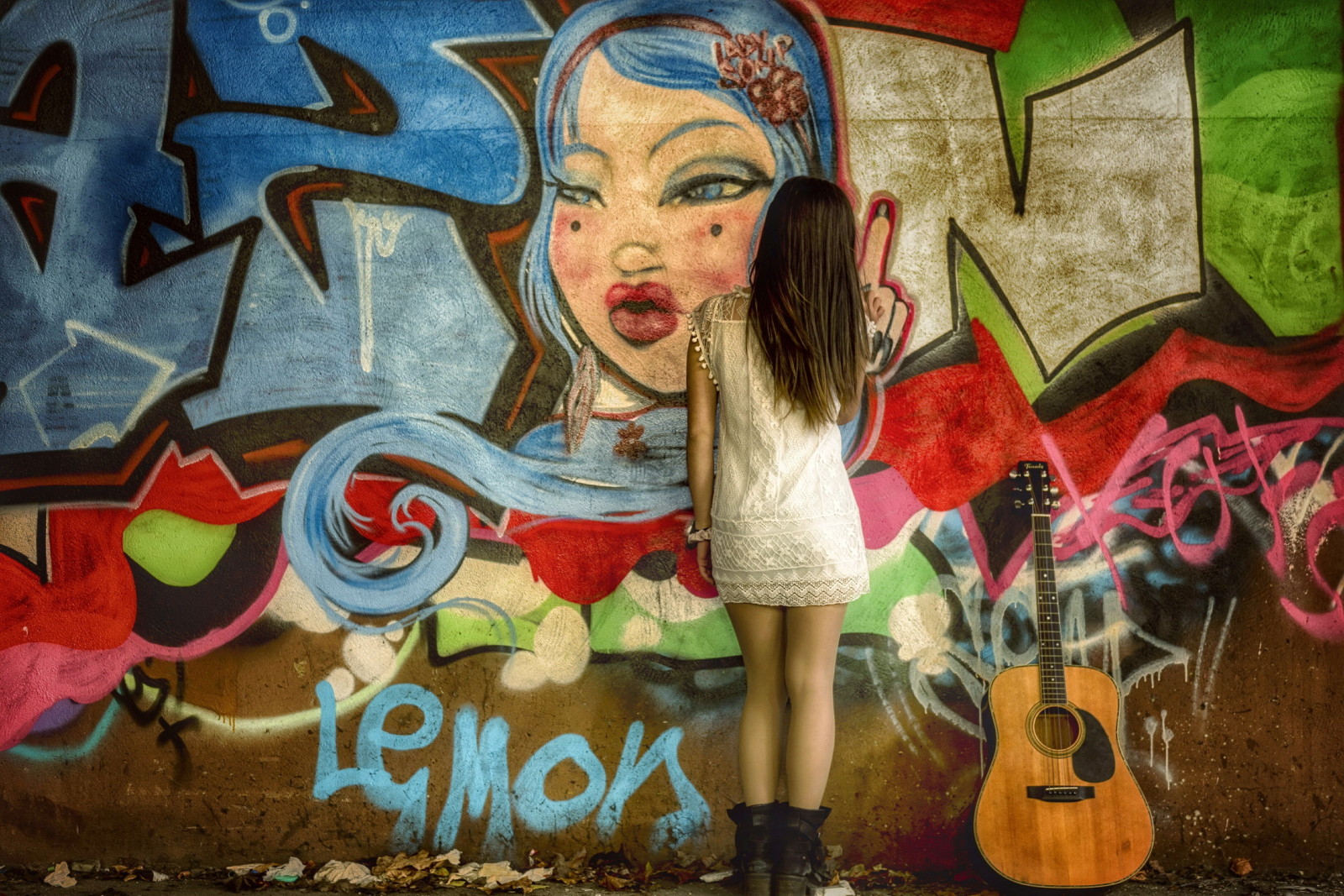 dinding, gadis, gitar, grafiti