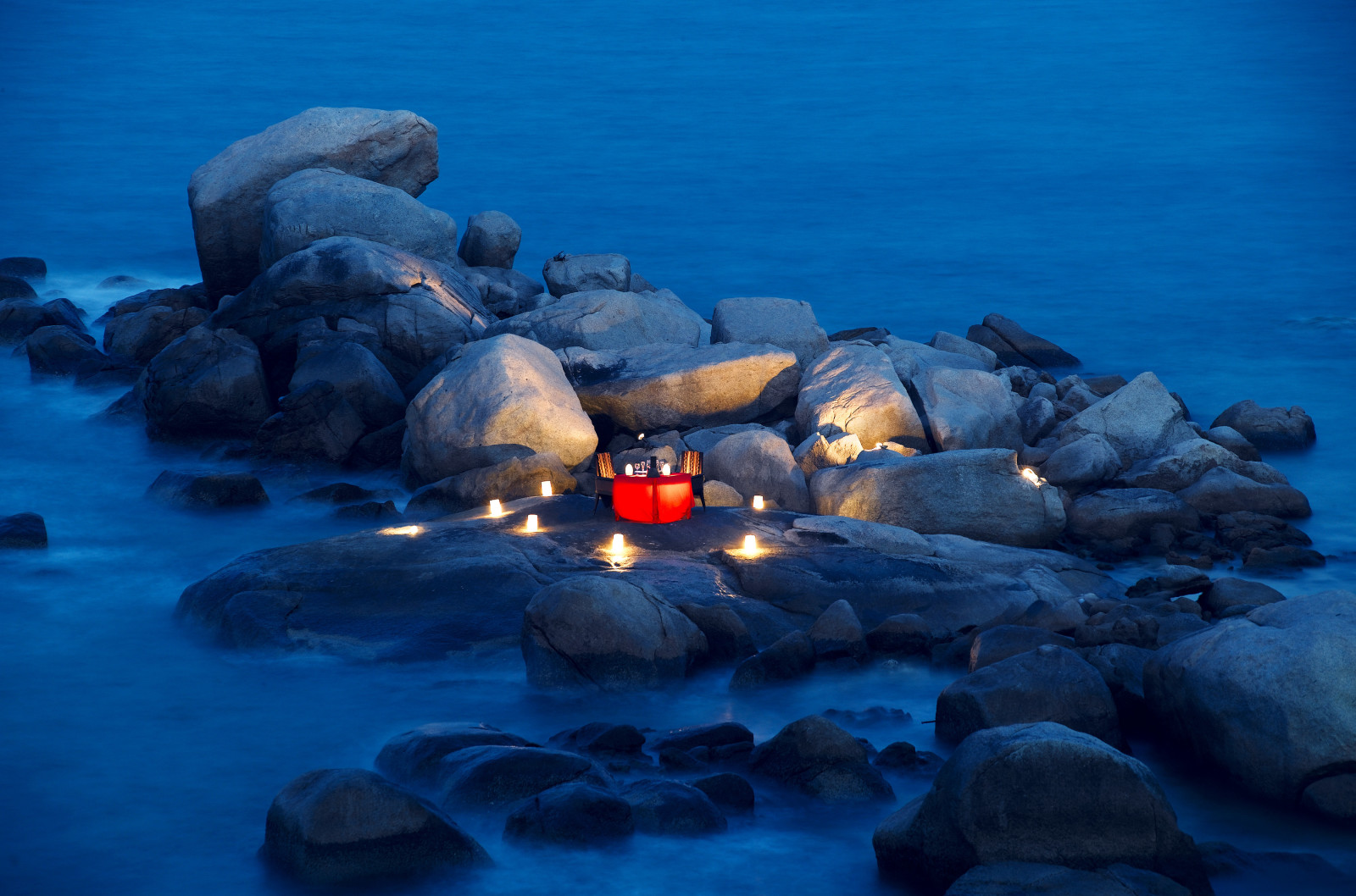 晚上, 表, 石头, 灯, 海洋, 浪漫, 蜡烛
