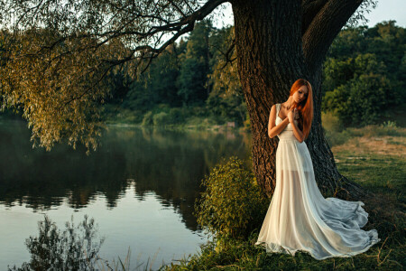 綺麗な, ドレス, 女の子, ヘア, ホープ・ニヤゾワ, 湖, 木, 水