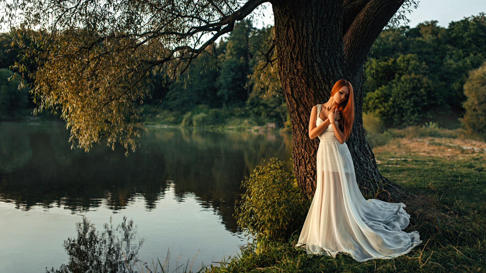 나무, 호수, 소녀, 하얀, 물, 아름다운, 머리, 드레스