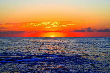 ボート, 雲, 地平線, オレンジ色の空, 海, 日の出