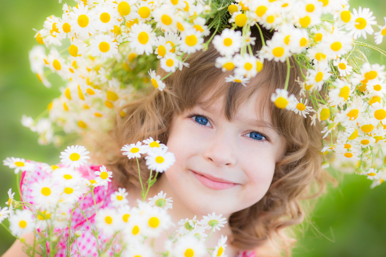 สาว, ยิ้ม, ดอกไม้, เด็ก, พวงหรีด, ตาสีฟ้า