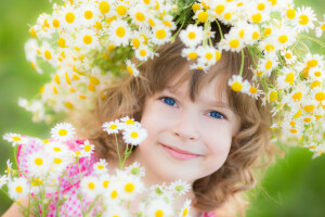 파란 눈, 아이, 꽃들, 소녀, 미소, 화환