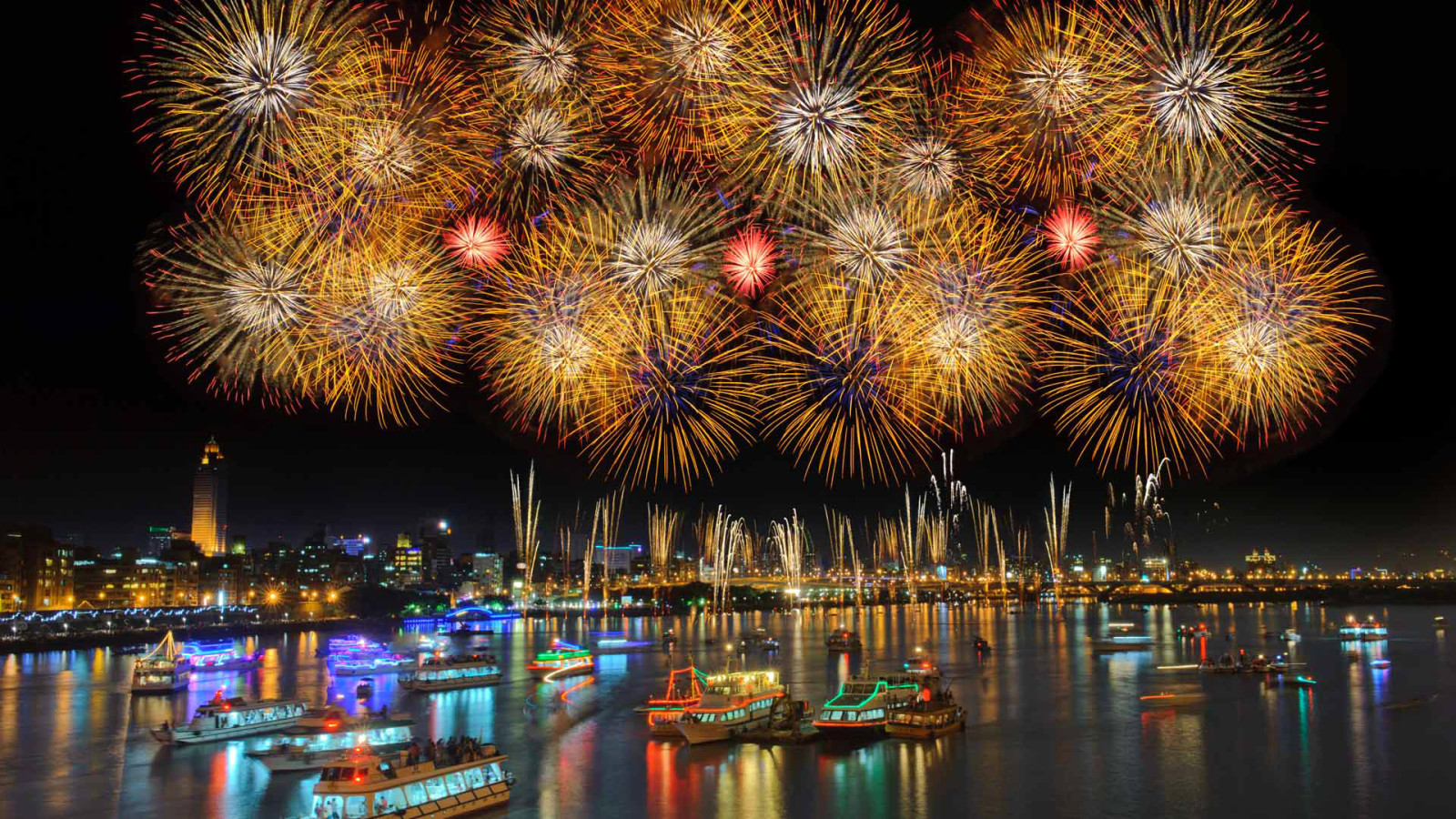 Tahun baru, kapal, Taiwan, Pelabuhan, kembang api, Taipei, salut