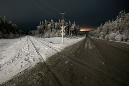 夜, 道路, 冬