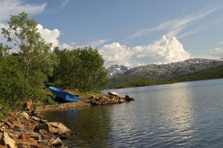 ボート, 海岸, ハンスネス, 湖, 山, 自然, ノルウェー, 写真