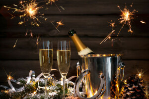 2016年, 瓶子, 香槟酒, 眼镜, 金色的, 快乐, 新年