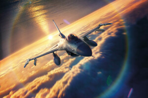 그림, 록히드 F-16, 하늘, 일몰