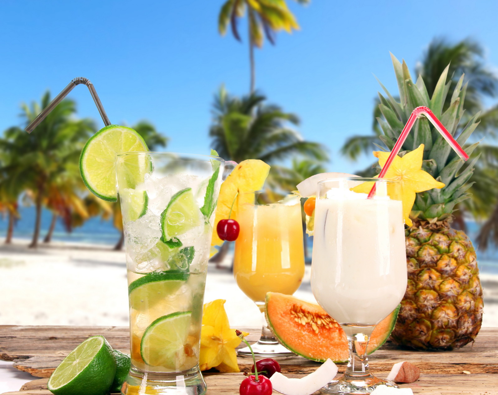 bờ biển, tươi, uống, trái cây, nhiệt đới, lòng bàn tay, cocktail