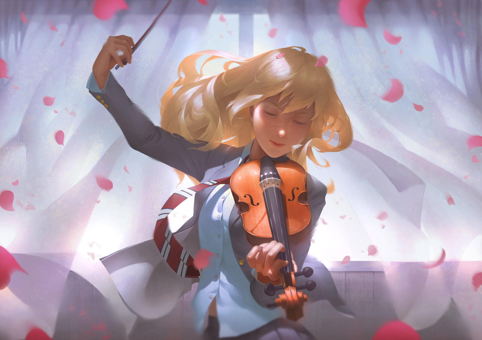 女孩, 金发女郎, 艺术, 音乐, 花瓣, 小提琴, 领带
