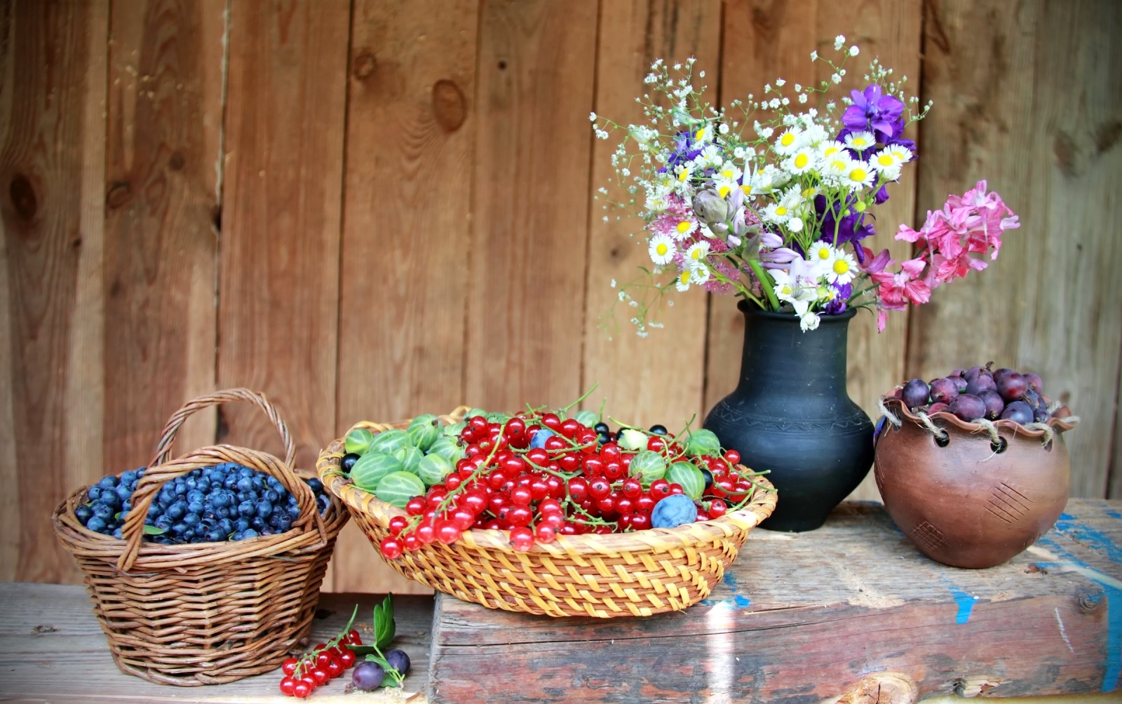 夏季, 静物, 花卉, 浆果, 蓝莓, 黑加仑, 醋栗