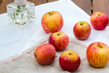 사과, 과일, 빨간, 표, 식탁보, 병 장식, 노랑
