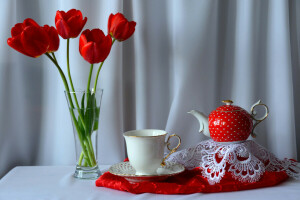 bó hoa, Cốc, những bông hoa, ấm đun nước, Cuộc sống tĩnh lặng, bàn, Hoa tulip