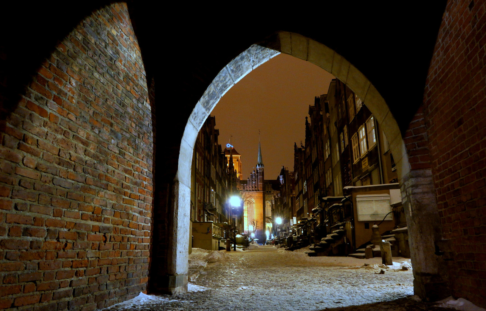 jalan, musim dingin, lampu, malam, rumah, lengkungan, Polandia, Gdansk