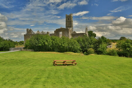 ベンチ, grass.greens, アイルランド, 芝生, クイン修道院, テーブル