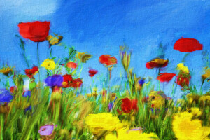 그림, 꽃들, 그림, 하늘