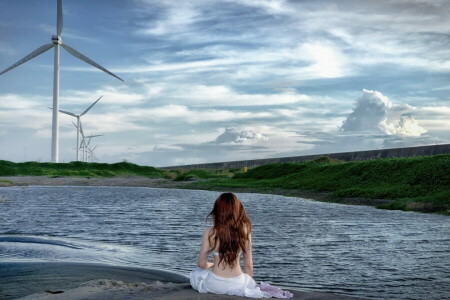女の子, 湖, 風景, 風車