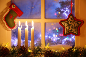 양초, 크리스마스, 장식, 칸델라, 빛, 명랑한, 새해, 눈
