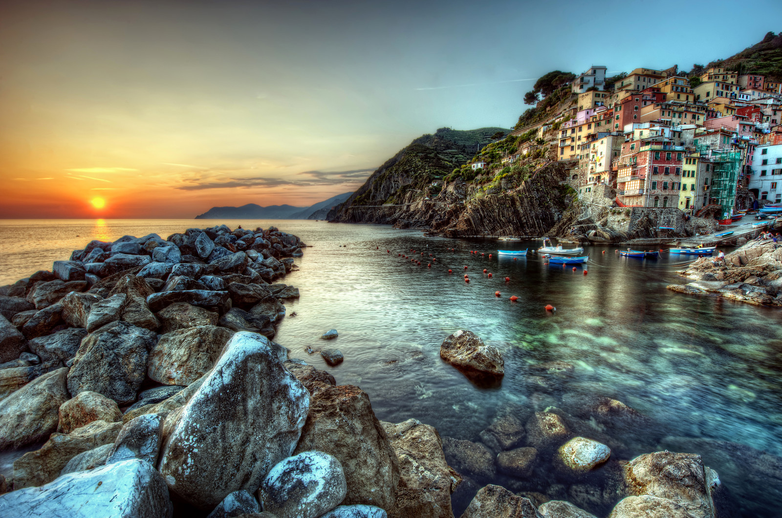 日落, 岸, 石头, 海, 家, 意大利, 船, 岩石
