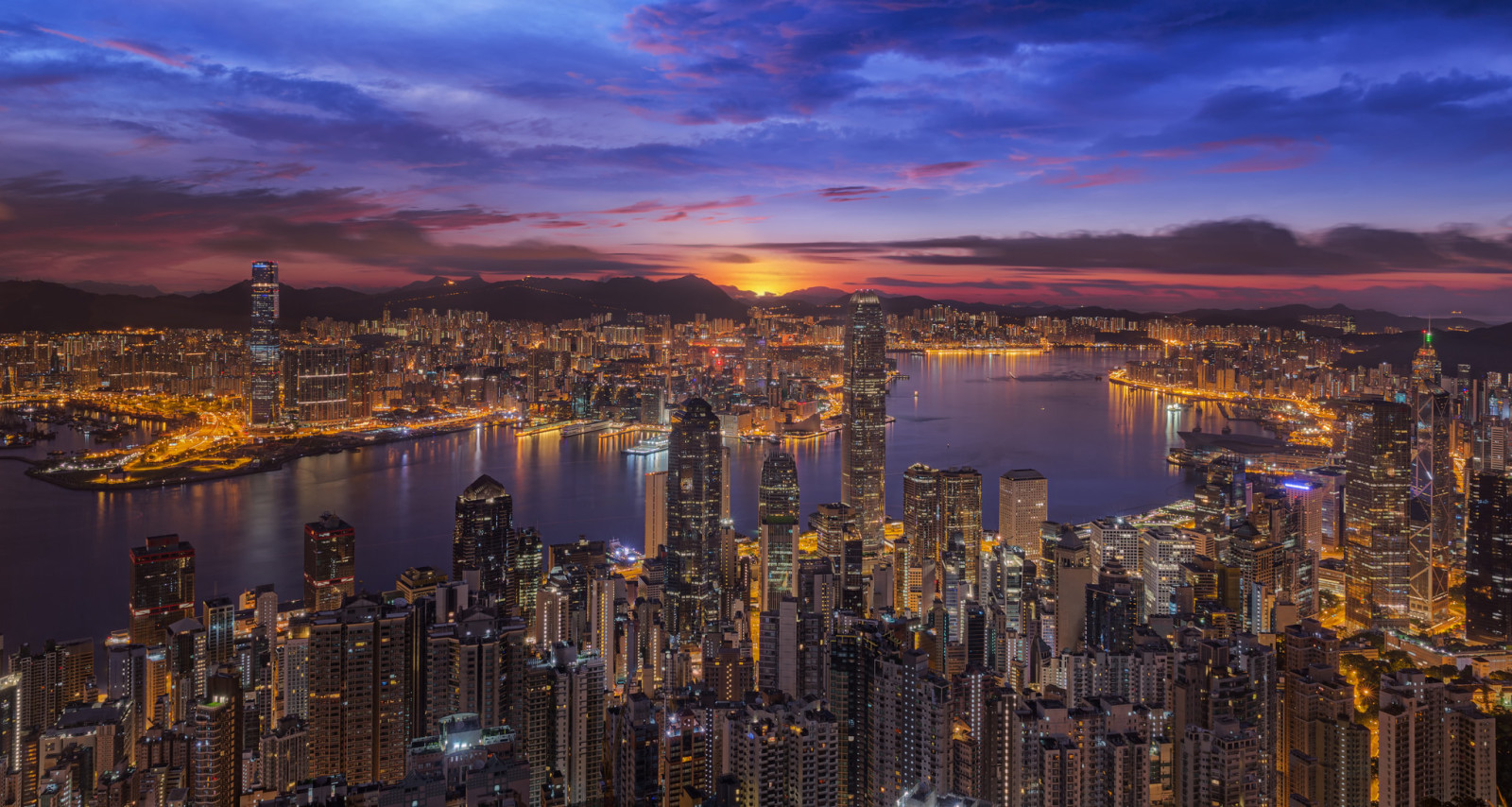 日没, 湾, 夜の街, 超高層ビル, パノラマ, 建物, 中国, 香港