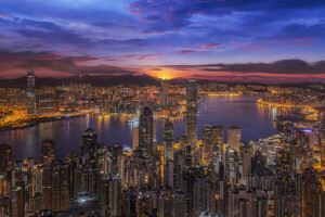 湾, 建造, 中国, 香港, 夜城, 全景图, 摩天大楼, 日落