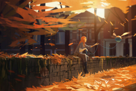 가을, 소녀, 이파리, 공원, 거리, 나무