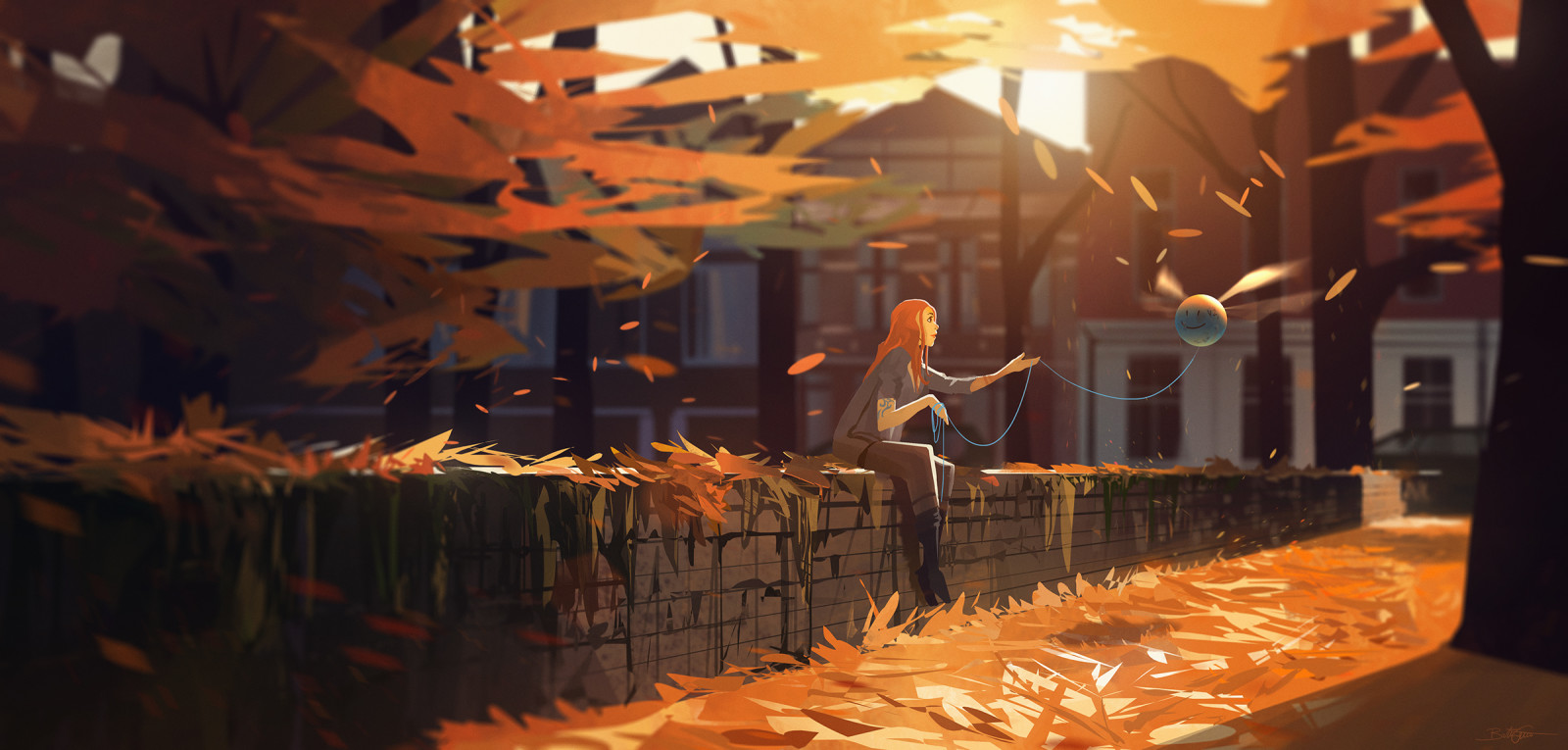 秋季, 公园, 街, 女孩, 树木, 树叶