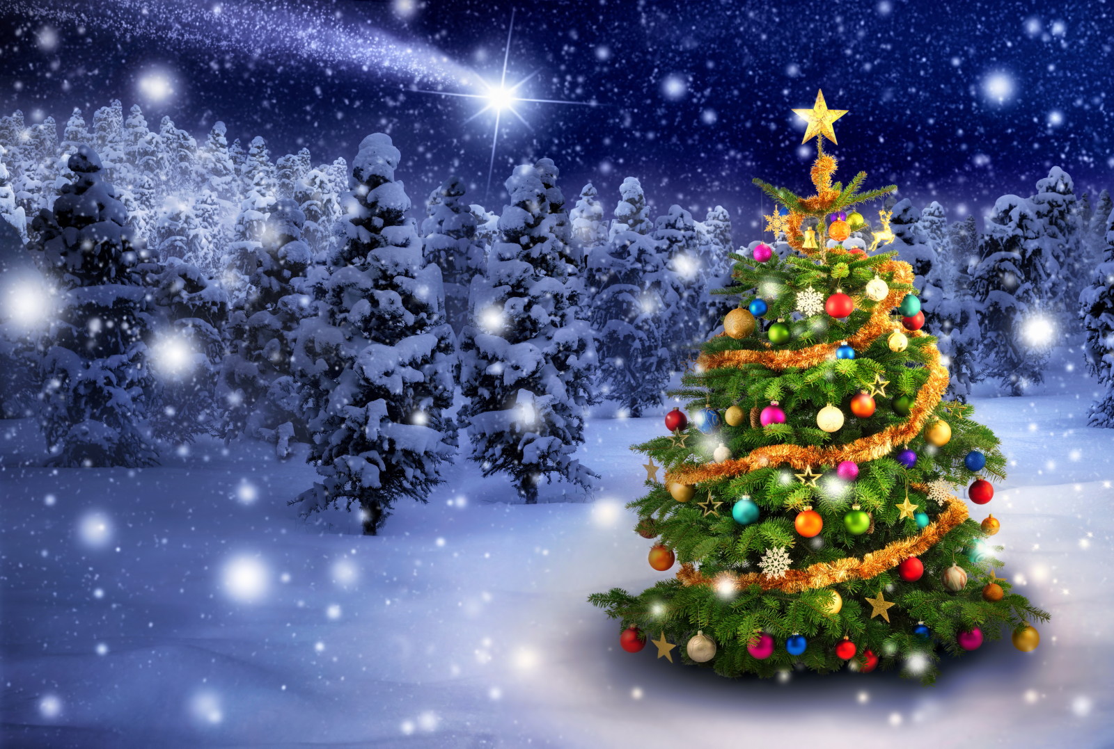 雪, 雪片, 木, 新年, クリスマス, デコレーション, メリー, 冬