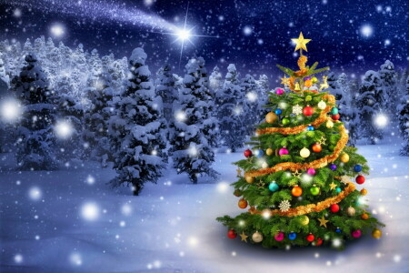 크리스마스, 장식, 명랑한, 새해, 눈, 설화, 장난감, 나무