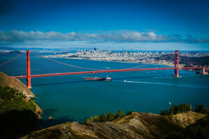 다리, 샌프란시스코, 바다, 도시, 하늘