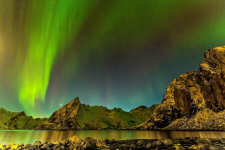 아이슬란드, 경치, 산, 밤, 북극광, 바다, 별, 돌